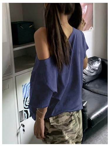 Women's Off The Shoulder Tops Letter Print Oversized Graphic Tees Vintage Y2k 90s Outfits Trendy2