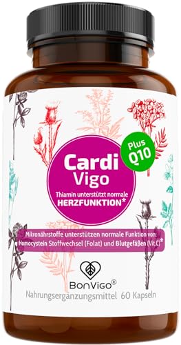 BonVigo CardiVigo Kapseln mit Q10 - Thiamin B1 unterstützt normale Herz-Funktion Folat normalen Homocystein Stoffwechsel - Weißdorn Rohkakao Schwarzer Knoblauch - 60 Kapseln
