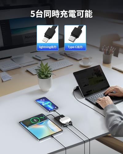 モバイルバッテリー Magsafe対応 10000mAh大容量 PD22.5W急速充電 6台同時充電可能 ワイヤレスモバイルバッテリー マグネット式ワイヤレス充電対応 Type-C入出力ポート搭載 4つケーブル内蔵 LED残量表示 パワーバンク マグセーフ充電器 コンパクト 軽量 小型 スマホに対応 機内持込可 PSE認証済み iPhoneシリーズ対応 機内持込可