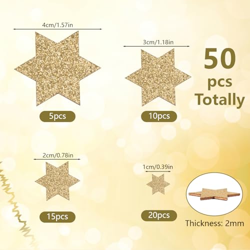 50 Stück Holzsterne Streudeko Glitzer Sterne, 4 Größen Holz Basteln Konfetti, Sterne Tischdeko Weihnachten für Hochzeit, Geburtstag Party, Jubiläum Tisch Deko (Gold 6 Eckig)
