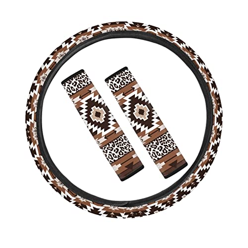 Coldinair 3PCs Fashion Leopard Aztec Print Universal Car Steering Wheel Cover and Seat Belt Shoulder Pads for Most Cars,Truck SUV for Women