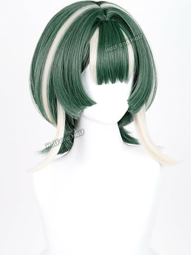 Image of Guita Cosplay Wig Short Dark Green Anime Wig for Women Green and White Layered Wig with Bangs Hime Cut Wigs for Women Halloween Party Costume
