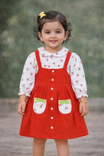 Image of babeezworld Baby Girl Cotton Dress - Full Sleeves Knee Length fit and Flare Dungaree Frock jhabla Regular fit top Tshirt
