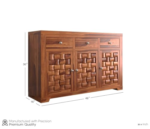 Image of Credenza Sheesham Wood Sideboard Cabinet | 3 Drawer & 3 Shelf Solid Wood Storage | Honey Finish Buffet Table for Living Room, Dining Room, Kitchen Cabinet & Home Furniture