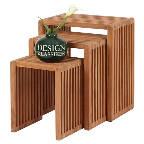 MR. DEKO Beistelltische 3er Set Teak Holz | Beistelltisch Outdoor Wetterfest | Balkontisch Klein Holz | Garten Beistelltisch-Set Teakholz | platzsparende Gartenmöbel 45x32x50 cm (BxTxH)