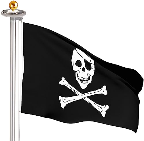 BRUBAKER Aluminium Fahnenmast 6m inkl. Piraten Flagge, Solar Fahnenmastlicht und Kugelspitze Gold - Flaggenmast mit Bodenhülse + Piratenfahne + Solar-Licht - All-in-One Set