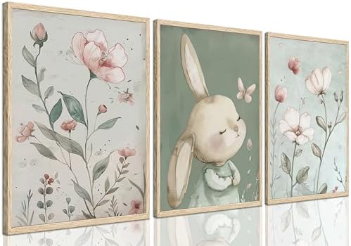 Amazon.com: PPJ 3Pcs Nursery Bunny Wall Art Cute Rabbit Botanical ...