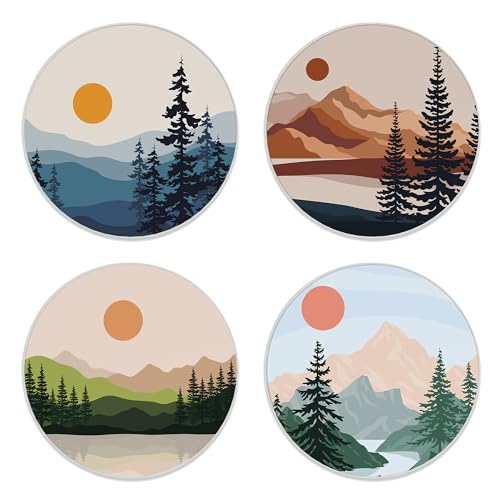 Drink Coasters Set of 4,Mountain and Tree Sunset Landscape Coasters for Drinks Ceramic Coasters with Cork Bottom for Kinds of Mugs and Cups,Home Decor,4''