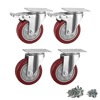 4 Inch Heavy Duty Plate Casters Set of 4 434 PVC Swivel Casters with Brakes No Noise Wheels for Furniture, Industrial 1200Lbs,Red