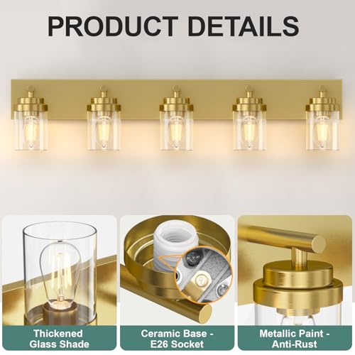 Image of IZORRO Bathroom Vanity Light Fixture, 5-Light 36 Inch Gold Bathroom Light Fixtures Over Mirror, with Clear Glass Shade, Modern Farmhouse Vanity Lights, Rustic Restroom Lighting Fixtures