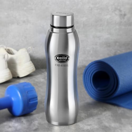 Cello Aqua Pro Stainless Steel Water Bottle 1000 ml, Silver | ISI Certified, Single Walled | Leakproof, Rust Proof | Food Grade | Easy to Carry | Airt