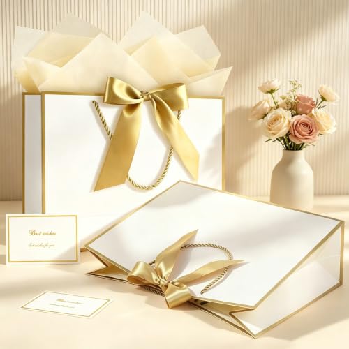 Image of JMANNI Gift Bags with Handles, 13 inch Medium Gift Bag for Presents, 8 Pcs Bags with 16 Tissue Paper and 8 Cards for Baby Shower Wedding Bridal Shower Mother's Day Birthday Party(white-gold)
