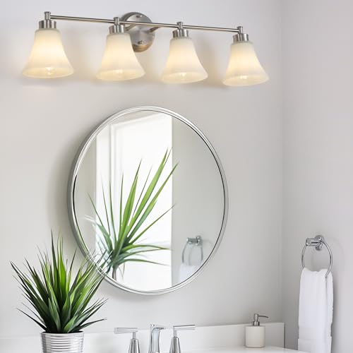 Image of LOUSACE 4 Light Bathroom Vanity Light Brushed Nickel Bathroom Lighting Fixtures Over Mirror with Opal White Frosted Glass, Vintage Traditional Wall Lighting Fixture Satin Nickel Vanity Lights