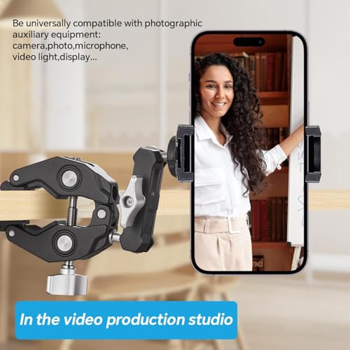 Image of Action Camera Super Clamp Mount with Mobile Clip & Mount, 1 /4 inch Screw and 3 /8 inch Screw Hole,360 Double Ball Head Magic Arm for Action Camera, Light, DSLR, Pole, Bike for Insta 360, Go Pro, DJI