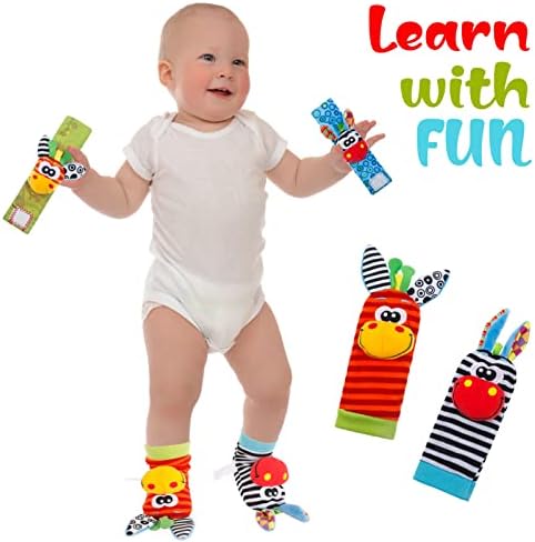 Yorgewd 4 Pcs Baby Wrist Rattle & Foot Finders, Infant sensory Toy Adorable Animal Newborn Developmental Toys Set for Babies Boys Girls 0-12 Month