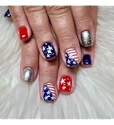 Independence Day Press on Nails Square Short Fake Nails with Designs Glitter False Nails Full Cov...