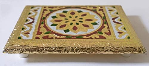 Aditri Creation Meenakari Puja Pooja Bajot/Table/Chowki aasan Decoration Decorations (Indian Chaurang), Vintage Gold Design Small (Size :- 8 Inch X 6 Inch X 1.25 Inch) for mandir Temple