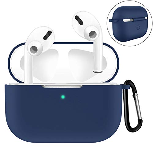 【最新改良モデル】AMOVO AirPods Pro充電ケースカバー シリコン 高級 AirPods Pro ケース 保護ケース イヤホン 収納ケース キズ防止 耐衝撃 カラビナ付き 装着したまま充電 撥水 AirPods Pro Case Silicone Protective Cover (連体式-AirPods Pro, ネイビー)