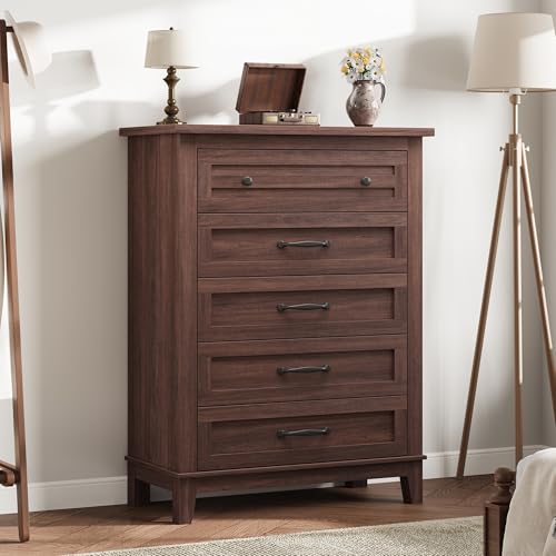 GarveeHome 5 Dresser for Bedroom, 41.3″ Tall Vertical Drawer Dresser with Large Storage, Freestanding Wooden Closet Chest for Bedroom, Living Room, Walunt