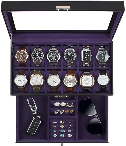 KILHS Watch Box, 12 Slot Watch case with Glass Lid, Lockable Double Watch Storage Box with 1 Wrawer for Rings, Earrings, Gift Idea, Black Synthetic Leather, Purple Lining