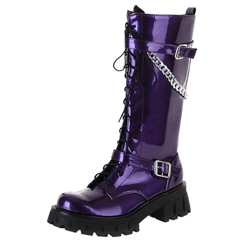 Parisuit Womens Lug Sole Platform Combat Boots Chunky Heel Knee High Goth Boots Lace Up Mid Calf Boots with Buckle and Chain