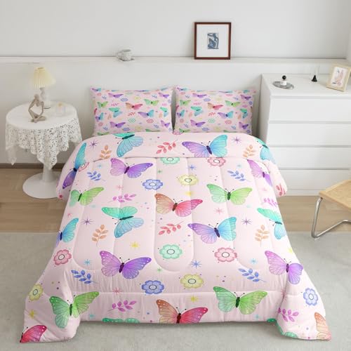 Image of Erosebridal Cartoon Butterflies Comforter Full Size for Kids Boys Girls,Cute Colorful Daisy Bedding Set,Flying Butterfly Duvet Insert,Rainbow Gradient Quilt Bedroom Decor