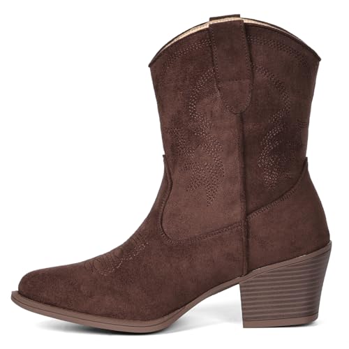 Image of IXU Cowboy Boots for Women Ankle Cowgirl Booties Wide Mid Calf Pointed Toe Western Boots Short Chunky Classic Booties