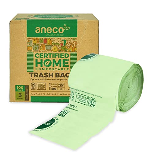 ANECO 100 Compostable Trash Bags 3 Gallon, 100 Count, Extra Thick for