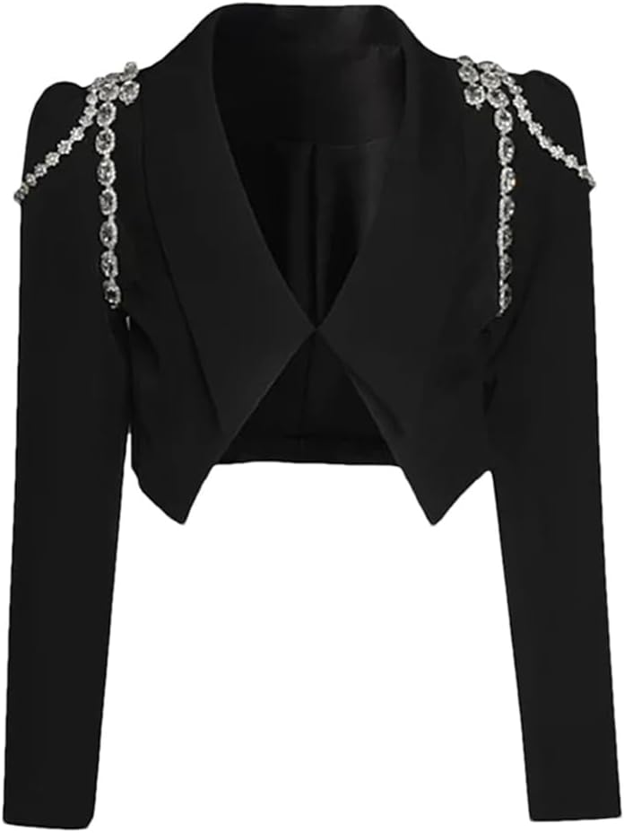 Women Chain Short Blazer Harajuku Punk Chains Cropped Jacket Casual Long Sleeve Short Coat