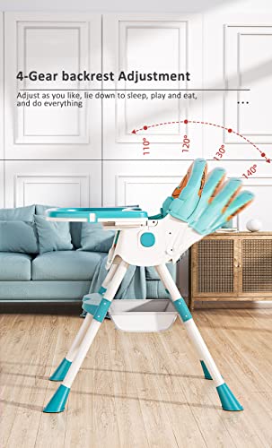 StarAndDaisy-Folding-Baby-High-Chair-Recline-Highchair-Height-Adjustable-Feeding-Seat-Wheels-Upgraded-Version-with-Wheel-and-PU-Cushion-pad-Deep-Sea-Blue