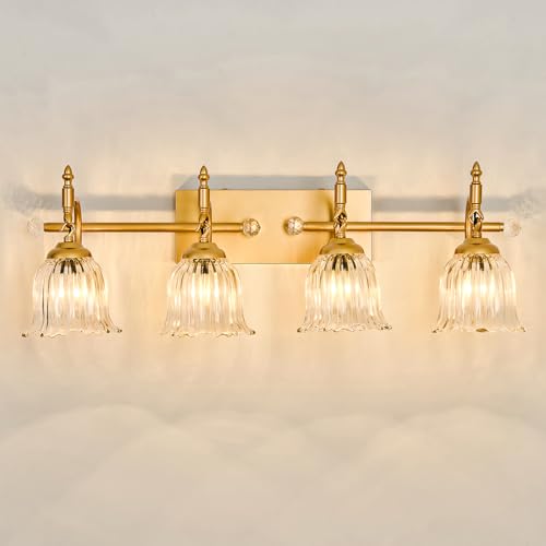 Image of CVKASH 4-Light Bathroom Vanity Light Fixtures Over Mirror,Brushed Gold Modern Vanity Lights with Glass Shade Vintage Wall Sconce for Bedroom Dressing Room Living Room Hallway Cabinet