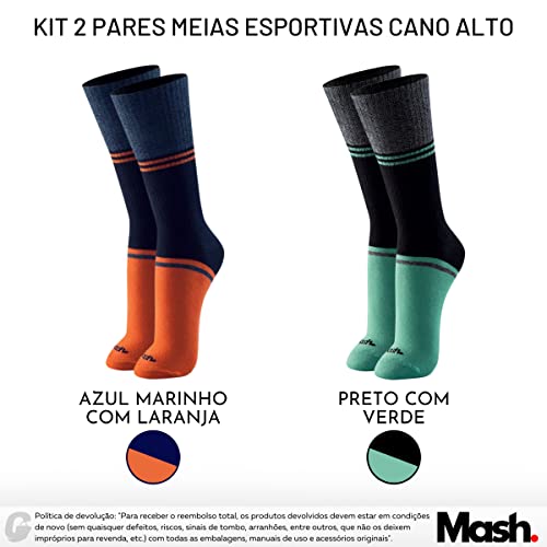 Kit 02 Pares Meias Cano Alto Mash Esportiva Masculina Adulto | Azul Marinho com Laranja | Preto com