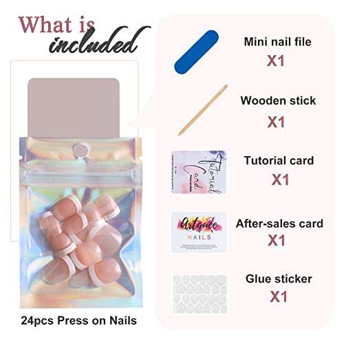 Artquee Classic French Tip Press On Nails Short Square Clear Pink Designs False Nail White Edge Glossy Reusable Stick On Nails For Women Fake Nails Art In 12 Sizes - 24Pcs Nail Kit #TOP2