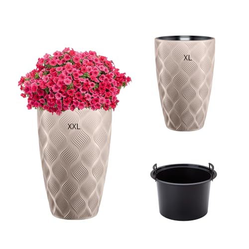 MELTOM Blumenkübel Blumentopf Pflanzkübel mit Herausnehmbaren Einsatz Rund 3D Effekt Dekorativ SET2: XXL+XL Taupe