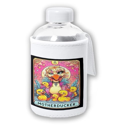 MERCHANDMANIA Bidón cristal con Funda soft shell carta tarot graciosa meme madre motherducker tapon seguridad botella