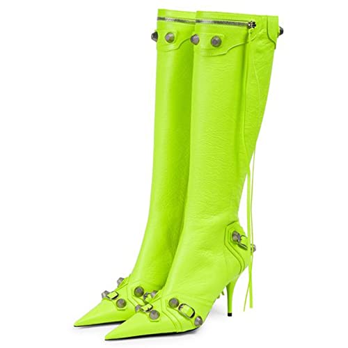 Dsevht Bottes hautes à talon aiguille pour femme - Sexy - Bout pointu - Rivets - Pompon - Mode cloutée - Talon haut - Fermeture éclair, vert, 40.5 EU
