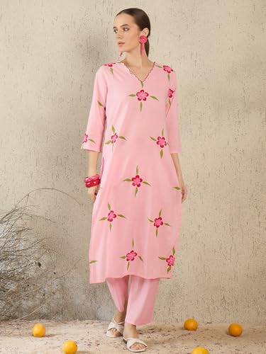 Image of INDO ERA Women's Pure Cotton Floral Printed Thread Work Kurta & Pant with Dupatta Set | Cotton Kurta Set For Woman