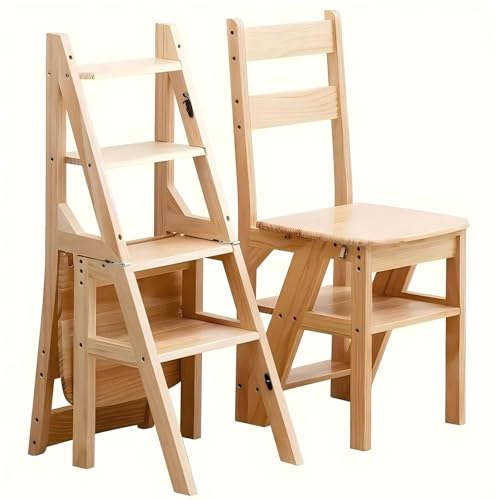 4 Tier Folding Step Ladder 3-in-1 Wooden Folding Ladder Chair Portable Multi-Function Step Stool 198 lbs Capacity Indoor and Outdoor Display Rack Flower Rack for Library Home Kitchen (Wood color)