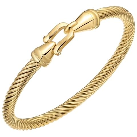 BOLAGTIER Stainless Steel Twisted Cable Wire Bracelets with Hook Adjustable Cuff Bangle Bracelet Vintage Jewelry Gift for Women (Gold) Cover