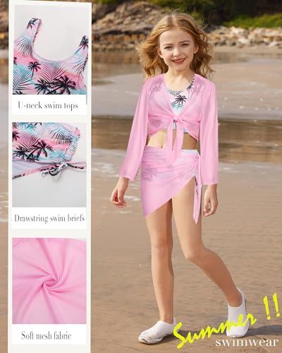 GRACE KARIN Girls Bathing Suit Adjustable Taniki Swimsuit Tie Front 4 Piece Bikini Set with Kimono Cover Up 6-142
