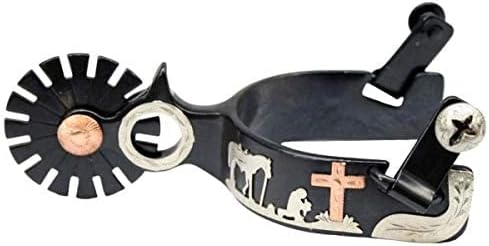 Showman Men's Black Steel Show Spurs w/Copper Cross & Silver Praying Cowboy Design
