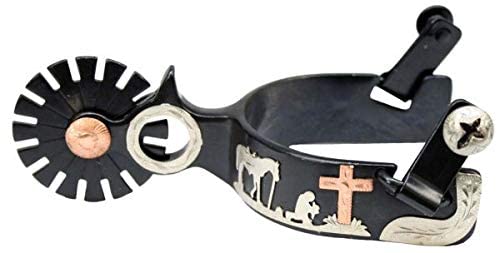 Showman Men's Black Steel Show Spurs w/Copper Cross & Silver Praying Cowboy Design