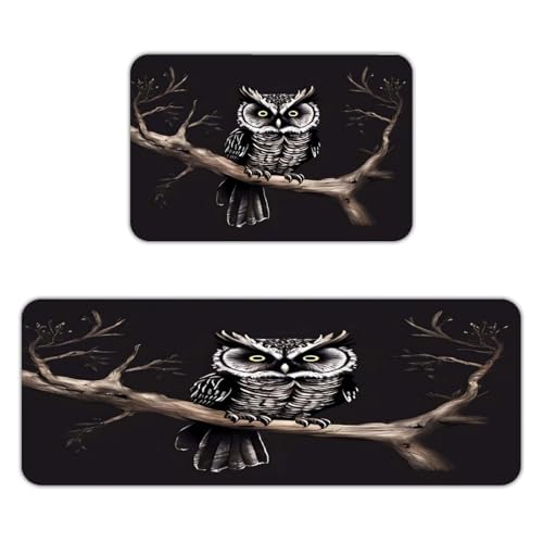 Late Night Owl Kitchen Rug Set 2Pcs Farmhouse Decor Runner Rug 16"x24"+17"x47"Non Slip Standing Desk Mat Cushioned Anti-Fatigue Mat Absorbent Kitchen Mats for Kitchen Floor