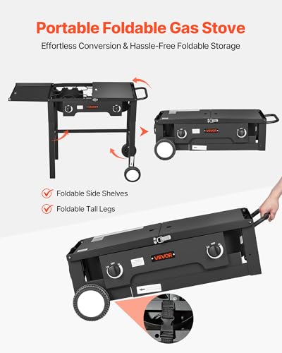 Image of VEVOR 2 Burner Outdoor Propane Gas Stove, 150,000 BTU Propane LPG Gas Camping Stove, Foldable Heavy-duty Carbon Steel Outdoor Cooker, with Wheels & Shield & 20 PSI Regulator, for BBQ Camp Home Patio