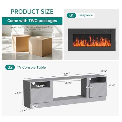 Image of MXV 80 inch Fireplace TV Stand for TVs Up to 90 inch, LED Light Entertainment Center with 36 inch Electric Fireplace, Modern Wood Texture TV Media Console with Highlight Storage Cabinet, Grey-Black