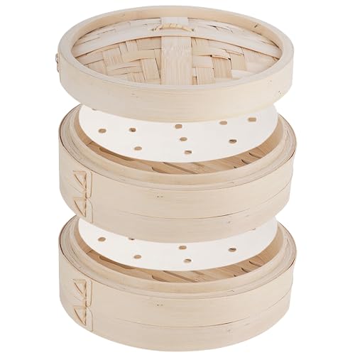 せいろ蒸し器セット 21cm 竹製 (本体2個+蓋1個+専用紙50枚付き)|重ねて使用可能|均一蒸気調理|防カビ加工|家庭用蒸籠 小籠包/野菜蒸し/中華料理調理器具
