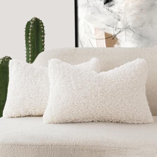 Image of Foindtower Set of 2 Curly Teddy Wool Faux Fur Pillow Covers Decorative Boucle Textured Lumbar Throw Pillow Oblong Accent Pillowcases Sheepskin Cushion Case for for Chair and Couch 12 inchx20 inch White