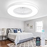 SOGOTING 24' Low Profile Ceiling Fan with Light, Bladeless Ceiling Fans with Remote/APP Control, Flush Mount Ceilings Fans, Modern Enclosed Led Ceiling Fan 3 Colors Dimmable 6 Speeds Timing White