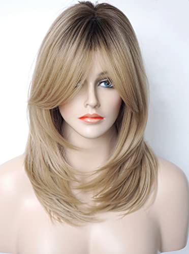 Beth Dutton Medium Length Layered Wig with Bangs - Synthetic Strawberry Blonde Wig for White Women (Sandy Blonde)