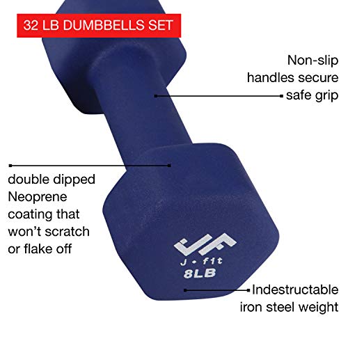 JFIT Dumbbell Set w/Durable Rack, Solid Design, Double Neoprene Coated Workout Weights Non-Chip and Flake, Dumbbells Sets For Gyms, Pilates, MMA, Training (32 LB Set) (20-5200)